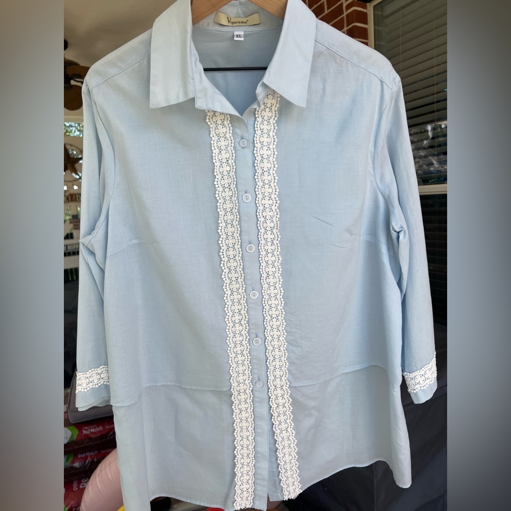 Women’s Cotton Lace Inset Tunic | soft blue | XL